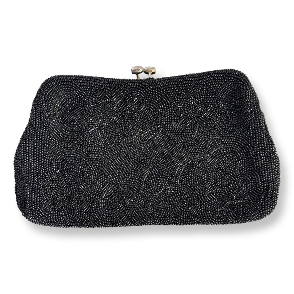 Vintage 1960's Richere Bag Japanese Beaded Kiss Lock Black Clutch